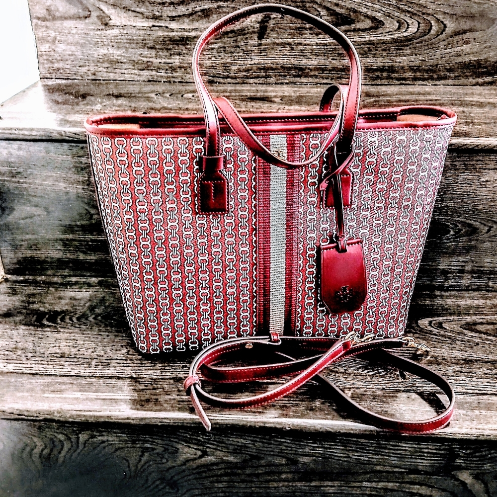 Authentic Tory Burch Deep Red Wine Chain Link Tot… - image 1